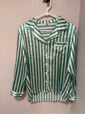 Amazon Green and White Striped Satin Pajama Top and Bottom